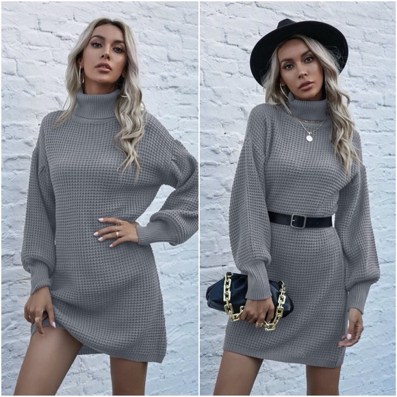 Red turtleneck lantern sleeve sweater Knit Dress - Picture 4 of 12